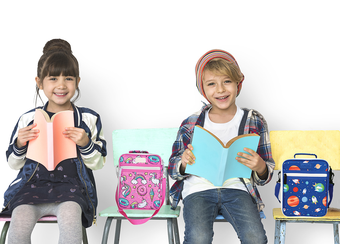 Image for School Lunch Essentials: school agd boy and girl reading with lunch totes and drink bottles next to them