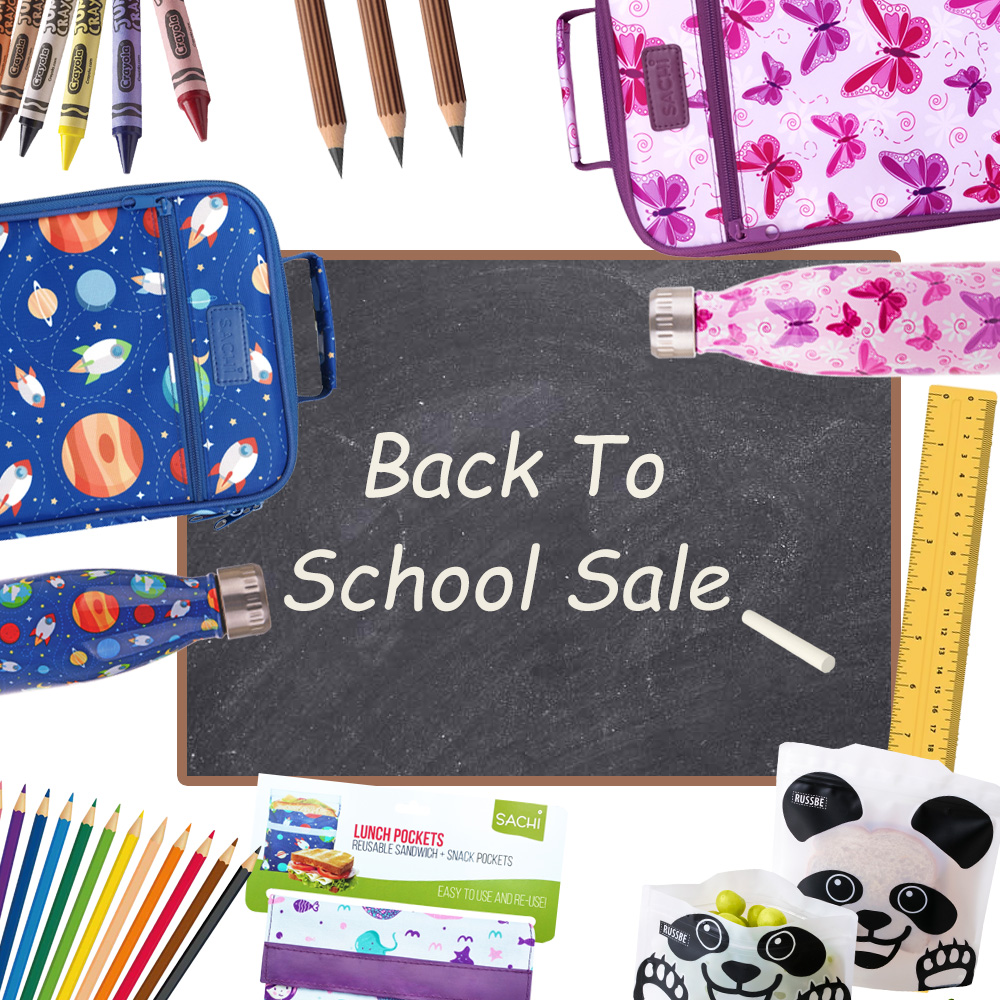 Our famous back To School is on now until Australia Day. Image of blackboard and school items including pens, pencils and Reusable Planet School lunch bottles and totes