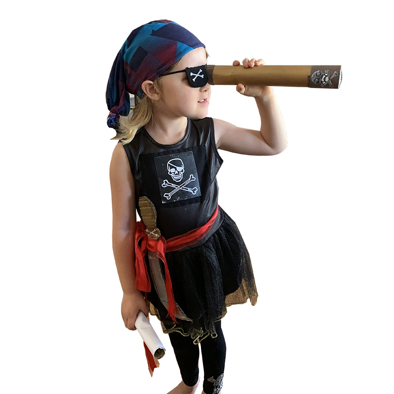 Little girl in repurposed pirate costume for Halloween, along with homemade plastic free accessories