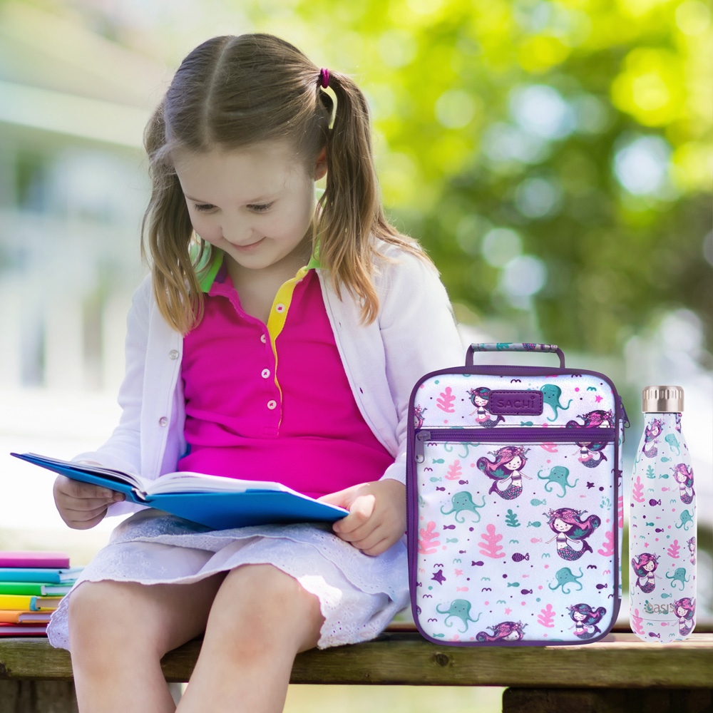 Image of little girl outside at school, with a mermaid lunch tote and matching water bottle, promoting Reusable Planet's Massive Back to School Back to Work Sale