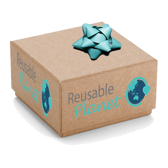 kraft cardboard box with Reusable Planet logo and green bow