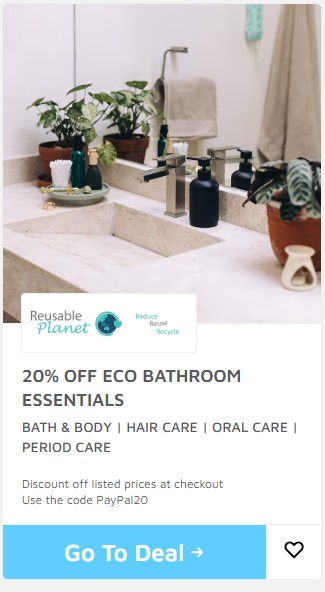 Get 20% off all eco-friendly bathroom products with PayPal Frenzy when you use the code PAYPAL20 at the checkout