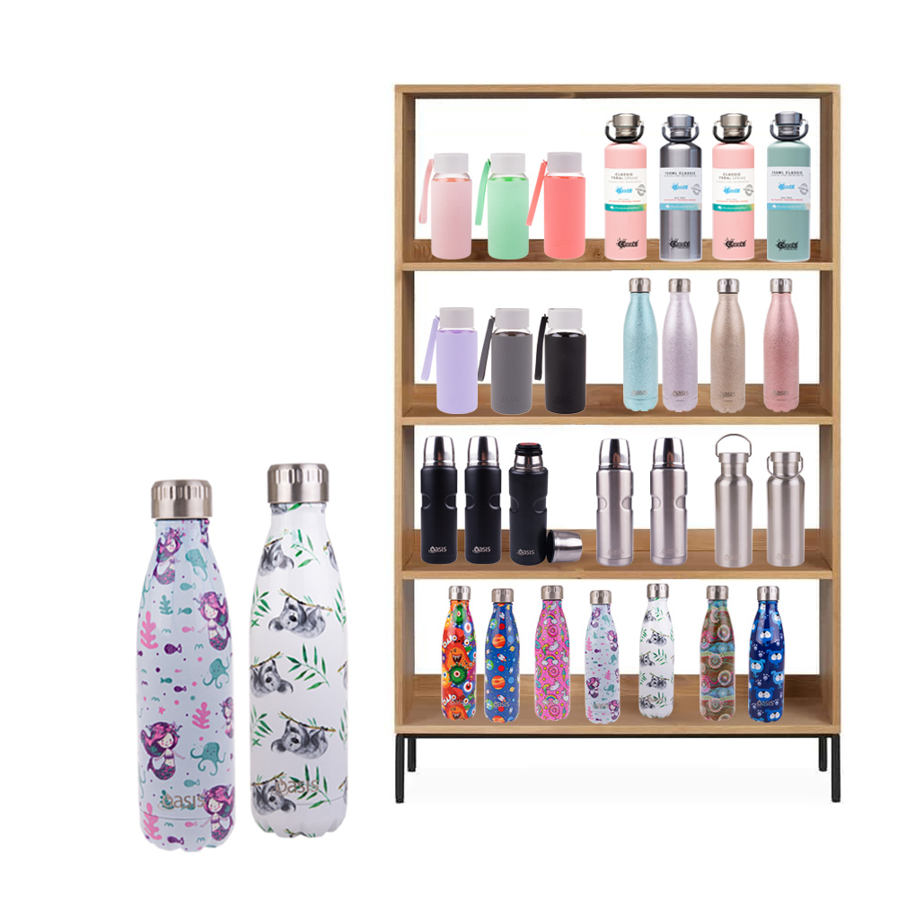 Image: BYO drink bottles on a shelf. 