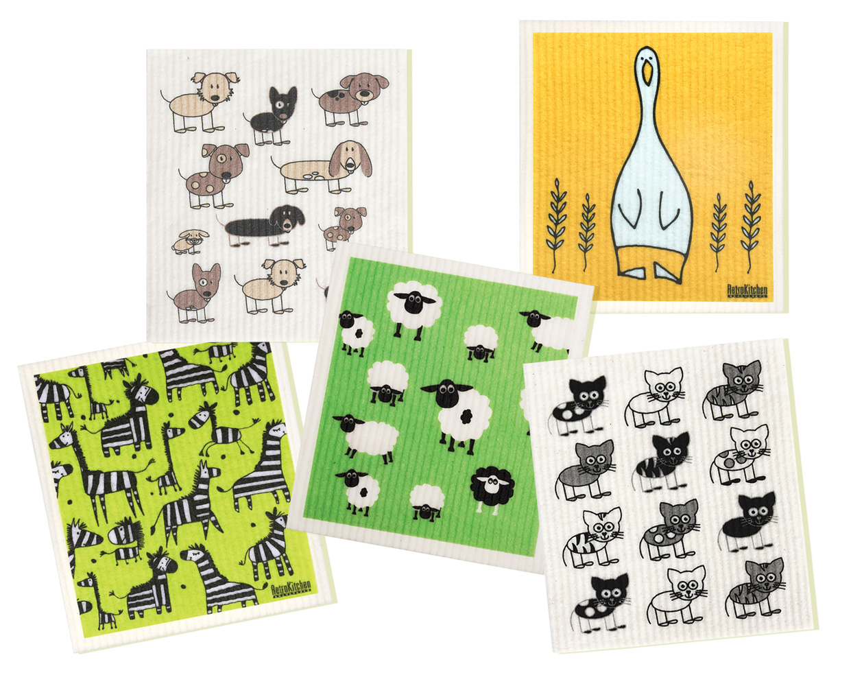 Image: compostable cleaning sponges with fun retro designs like dogs, a duck, zebra, sheep and cats. 