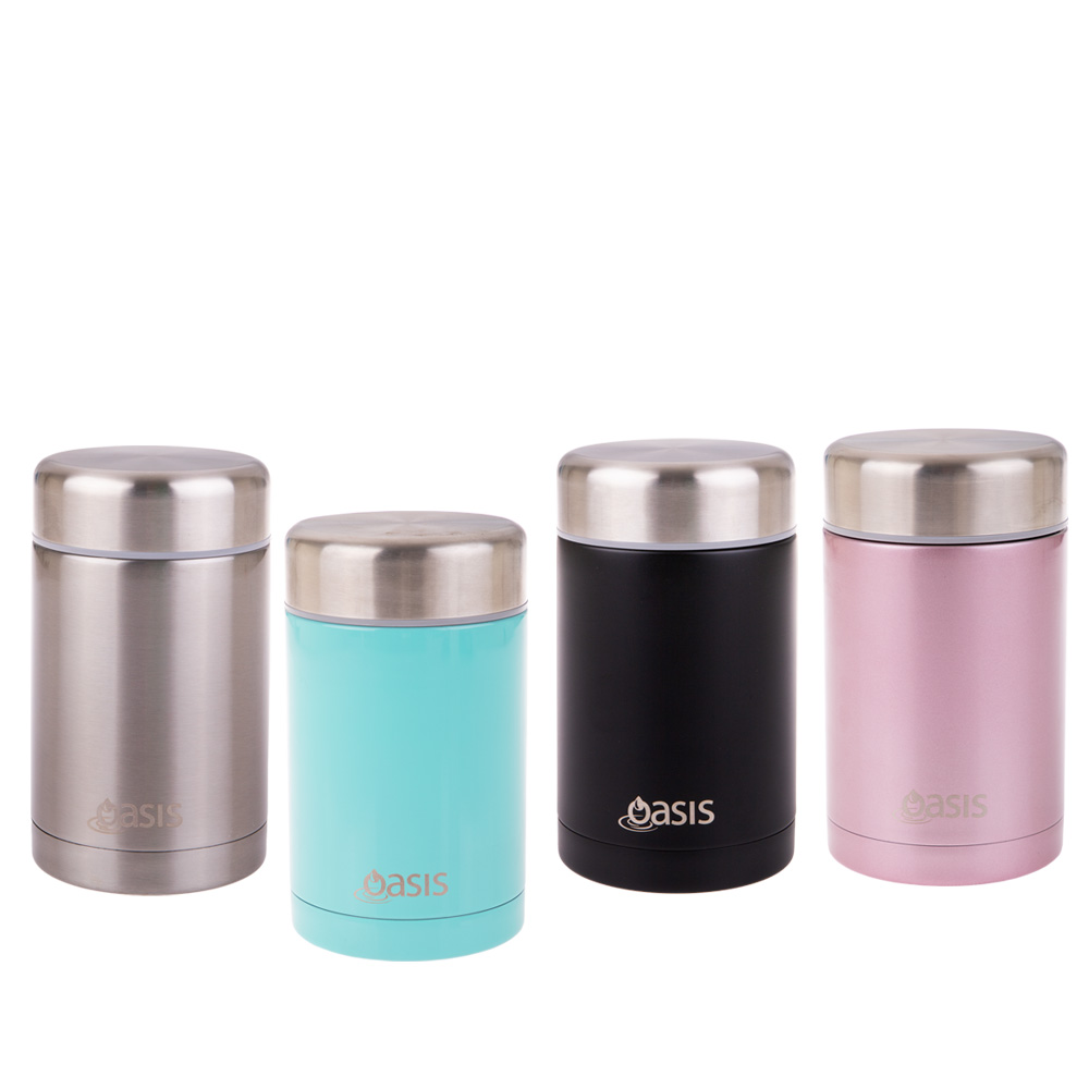 Image: 4 insulated stainless steel food flasks in various colours