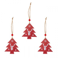 Wooden Christmas Decoration Set of 3 - Red Xmas Tree