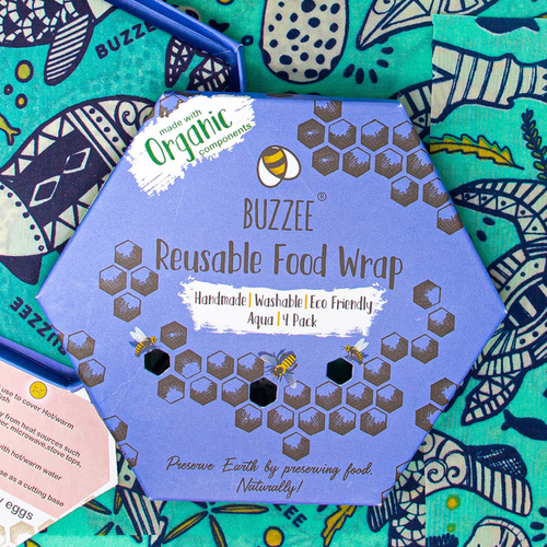Buzzee Organic Beeswax Wraps 4-Pack - Aqua