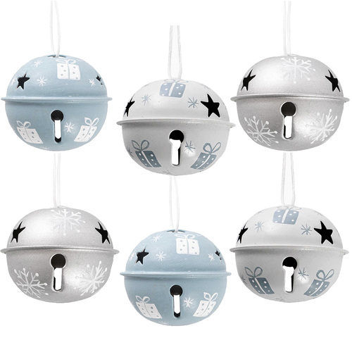 Decorated Metal Christmas Bells - Blue Silver & White 5cm
