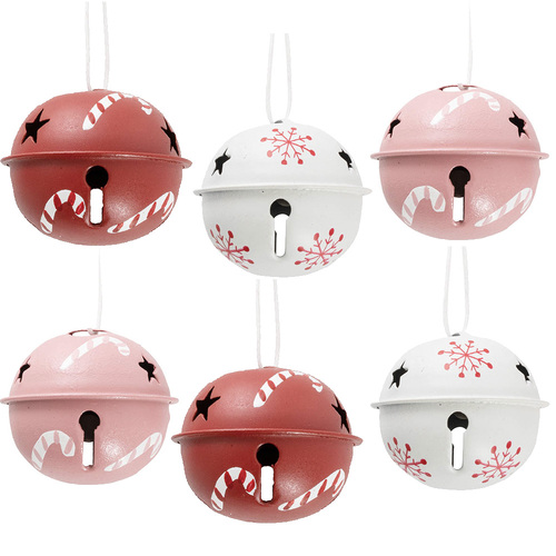 Decorated Metal Christmas Bells - Pink Red & White 5cm