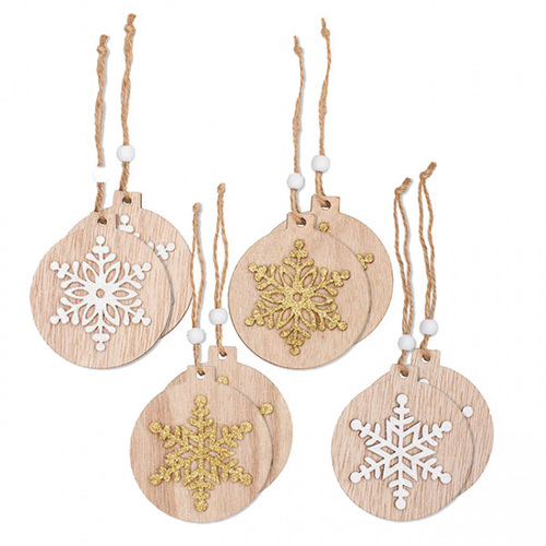 Wooden Christmas Decoration Set of 8 - Glitter Snowflakes