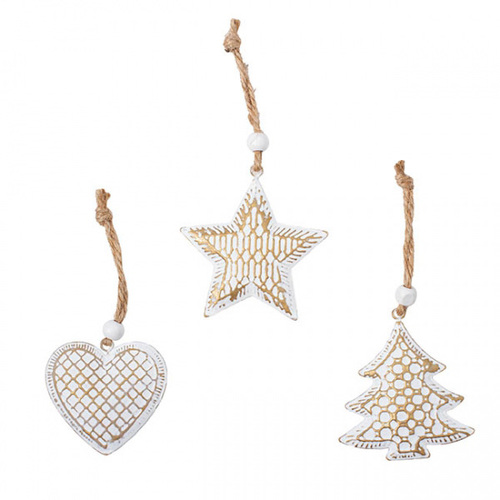 Metal Hanging Christmas Ornaments Set of 3 - White and Gold