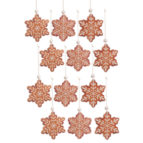 Hanging Wooden Christmas Ornaments – Gingerbread Snowflake Set of 12